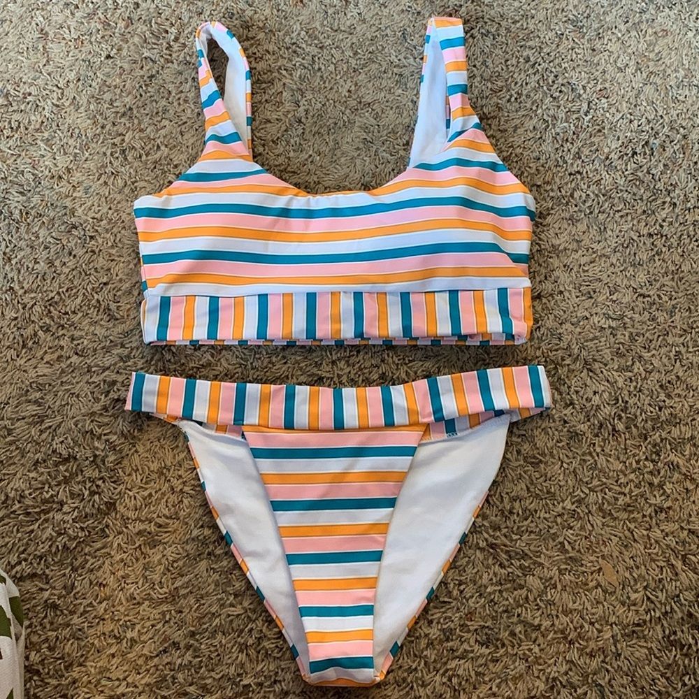 Women’s Juniors Romwe Striped Pastel Preppy Bikini Swimsuit Set M